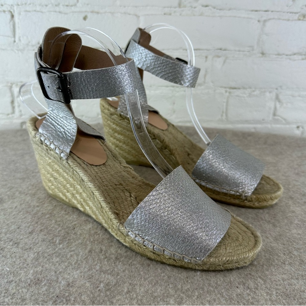 J Crew Corsica Wedge Heel Espadrilles Silver Metallic Ankle Strap Women’s 10